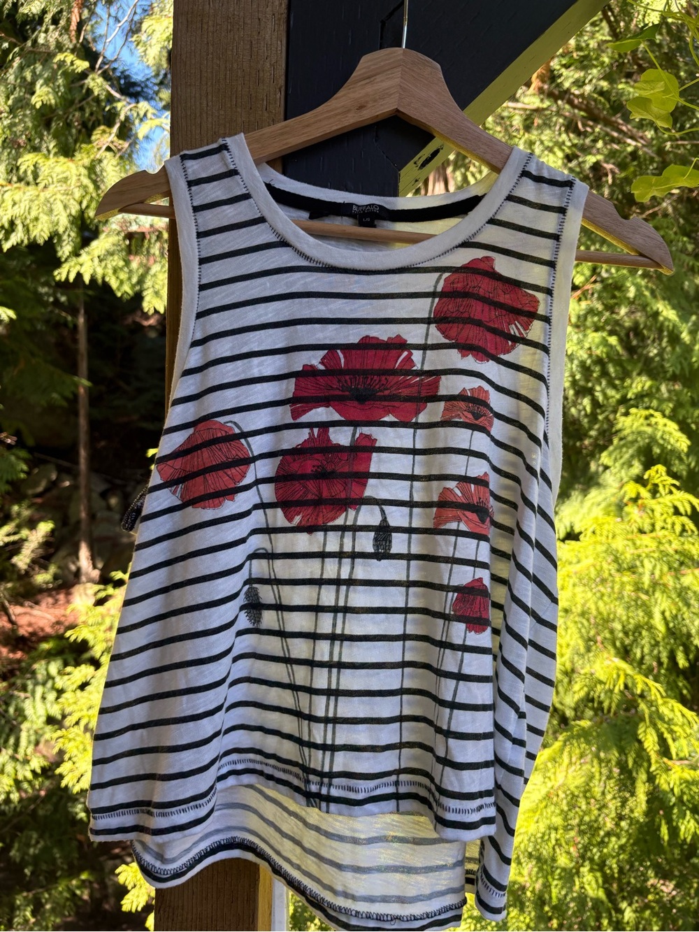 Buffalo David Bitton Black & White Striped Tank with Red Poppy Print